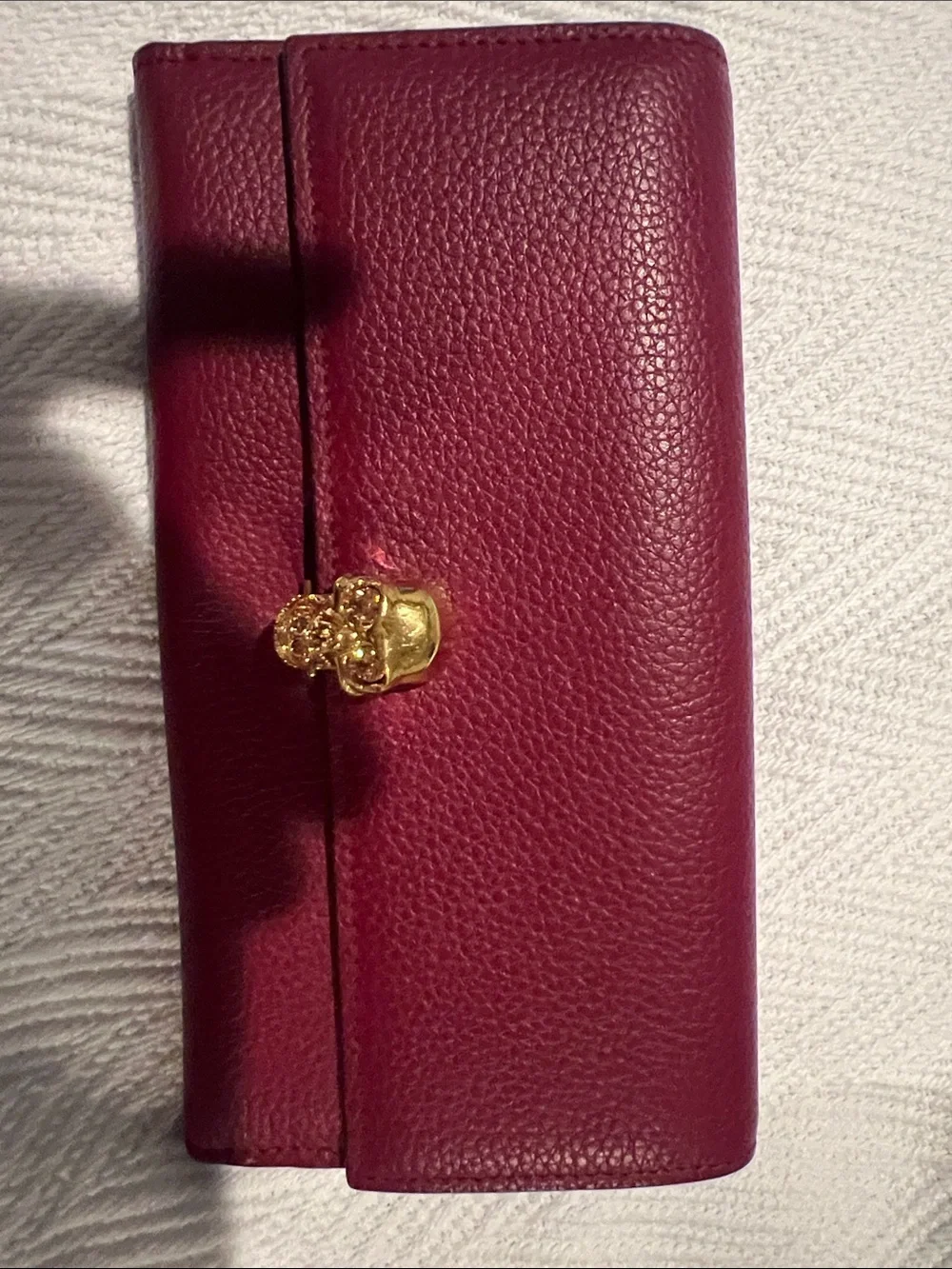 Alexander McQueen Wine Red Leather Key & Card Holder with Gold Skull